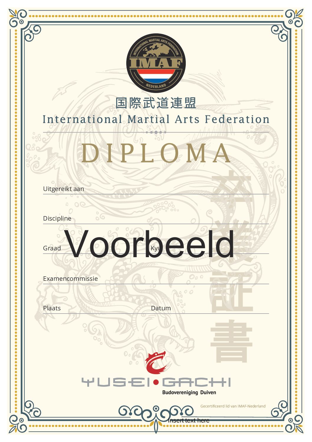 IMAF-Nederland KYU Diploma 100 stuks met je eigen logo